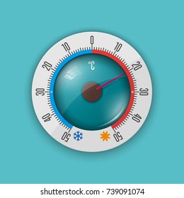 Round glass thermometer with a scale along the circumference, heat and cold. Realistic style. Vector illustration