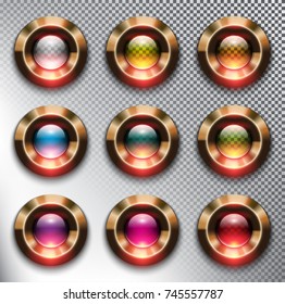 Round glass web buttons with metallic bronze frame. Isolated  on the white background. Vector illustration. Eps10.