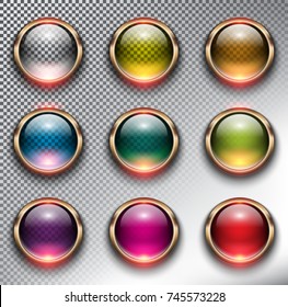 Round glass web buttons with metallic, bronze frame. Isolated  on the white background. Vector illustration. Eps10.