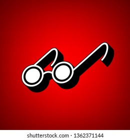 Round glasses for the blind. Vector. Perspective view of white icon with black outline at reddish background.