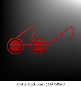 Round glasses for the blind. Vector. Striped red and black icon at gradient blackish background. Zebra.