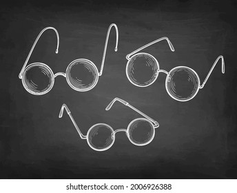 Round glasses. Chalk sketch set on blackboard background. Hand drawn vector illustration. Retro style.