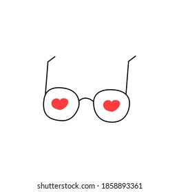 Round glasses with hearts inside. Feeling of love, Valentines Day. The 14th of February. Vector isolated illustration hand drawn doodle