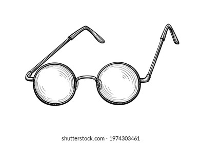 Round glasses. Ink sketch isolated on white background. Hand drawn vector illustration. Retro style.