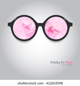 round glasses and pink lenses  Polygonal flogged  pink glasses  glasses and black frames gray background  polygon background