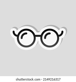 Round glasses, simple icon. Linear sticker, white border and simple shadow on gray background