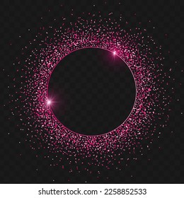 Round glitter frame with space for text. Pink circle shiny frame with particles. Vector illustration, black background
