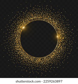 Round glitter frame with space for text. Golden circle shiny frame with particles. Vector illustration, black background