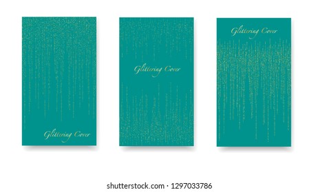 Round glittering confetti, festive tinsel, magic design for printing. Luxury Christmas golden garlands. Set of azure, gold covers, templates, printing elements, cards. Glittering Vector Cover.