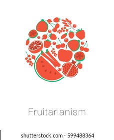 Round globe red fruit and berries. Card I love fruitarianism eco vegetarian healthy food. Fig rhubarb currant guava tropical rosehip. Vector illustration