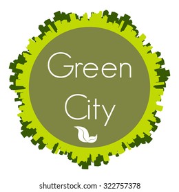 Round globe with text and a green city