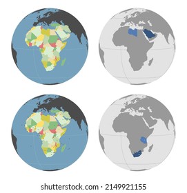 Round Globe Vector Map with Africa, Middle East Countries highlighted and Capitals optionally mapped (see top and bottom). Any country combinations could be highlighted. African Map. Middle East Map.