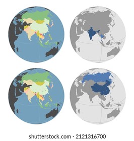 Mapa de vectores de globo redondo con países asiáticos resaltado (con Rusia) y los principales lazos CIs opcionalmente apuntados (ver arriba y abajo). Se podrían resaltar las combinaciones de países. Mapa de Asia