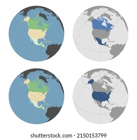 Round Globe Vector Map with North American Countries highlighted and Major Cities optionally mapped (see top and bottom). Any country combinations could be highlighted. North America Map. USA Map