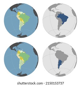 Round Globe Vector Map with South American Countries (plus some Caribbean) highlighted and Major Cities optionally mapped (see top and bottom). Any country combinations could be highlighted. 