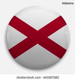 Round glossy Button with flag of Alabama, state of the USA, with the reflection of light and shadow realistic.