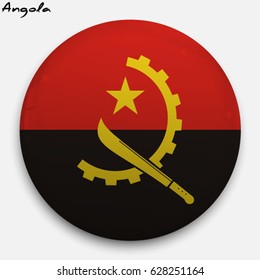 Round glossy Button with flag of Angola with the reflection of light and shadow realistic. Icon of country.