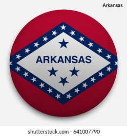 Round glossy Button with flag of Arkansas, state of the USA, with the reflection of light and shadow realistic.