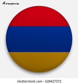 Round glossy Button with flag of Armenia with the reflection of light and shadow realistic. Icon of country.