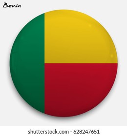 Round glossy Button with flag of Benin with the reflection of light and shadow realistic. Icon of country.