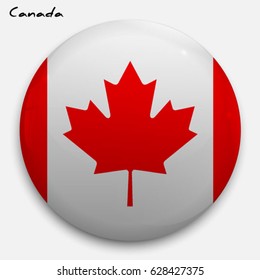 Round glossy Button with flag of Canada with the reflection of light and shadow realistic. Icon of country.
