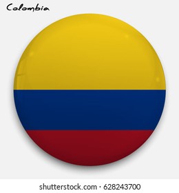 Round glossy Button with flag of Colombia with the reflection of light and shadow realistic. Icon of country.