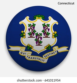 Round glossy Button with flag of Connecticut, state of the USA, with the reflection of light and shadow realistic.