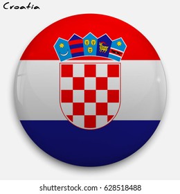 Round glossy Button with flag of Croatia with the reflection of light and shadow realistic. Icon of country.
