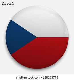 Round glossy Button with flag of Czech with the reflection of light and shadow realistic. Icon of country.