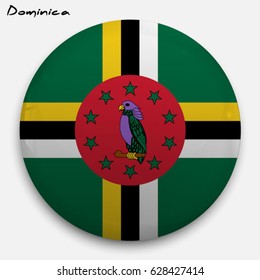 Round glossy Button with flag of Dominica with the reflection of light and shadow realistic. Icon of country.