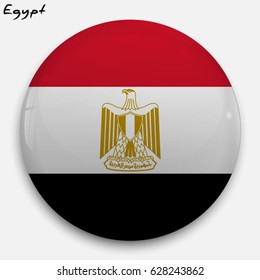 Round glossy Button with flag of Egypt with the reflection of light and shadow realistic. Icon of country.