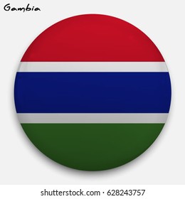 Round glossy Button with flag of Gambia with the reflection of light and shadow realistic. Icon of country.