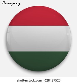 Round glossy Button with flag of Hungary with the reflection of light and shadow realistic. Icon of country.