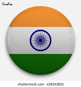 Round glossy Button with flag of India with the reflection of light and shadow realistic. Icon of country.