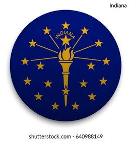 Round glossy Button with flag of Indiana, state of the USA, with the reflection of light and shadow realistic.