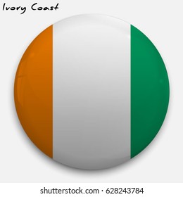 Round glossy Button with flag of Ivory Coast with the reflection of light and shadow realistic. Icon of country.