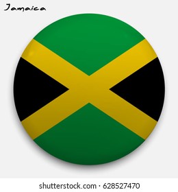 Round glossy Button with flag of Jamaica with the reflection of light and shadow realistic. Icon of country.