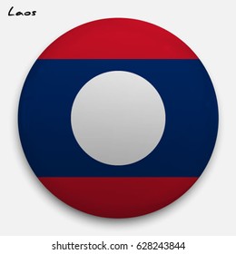 Round glossy Button with flag of Laos with the reflection of light and shadow realistic. Icon of country.