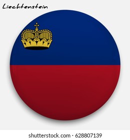 Round glossy Button with flag of Liechtenstein with the reflection of light and shadow realistic. Icon of country.