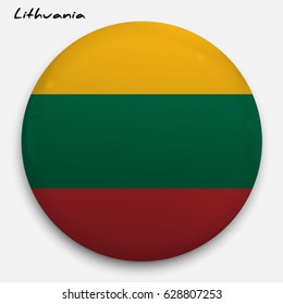 Round glossy Button with flag of Lithuania with the reflection of light and shadow realistic. Icon of country.