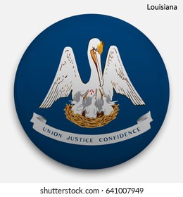 Round glossy Button with flag of Louisiana, state of the USA, with the reflection of light and shadow realistic.