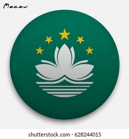 Round glossy Button with flag of Macau with the reflection of light and shadow realistic. Icon of country.