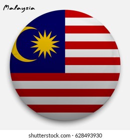 Round glossy Button with flag of Malaysia with the reflection of light and shadow realistic. Icon of country.