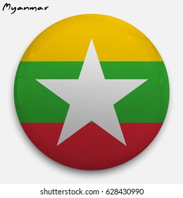 Round glossy Button with flag of Myanmar with the reflection of light and shadow realistic. Icon of country.