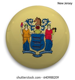 Round glossy Button with flag of New Jersey, state of the USA, with the reflection of light and shadow realistic.