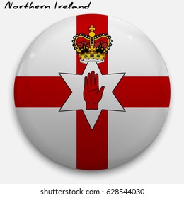 Round glossy Button with flag of Northern Ireland with the reflection of light and shadow realistic. Icon of country.