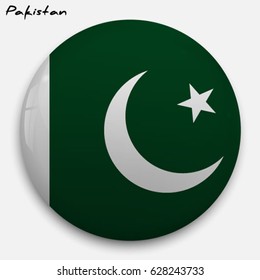 Round glossy Button with flag of Pakistan with the reflection of light and shadow realistic. Icon of country.