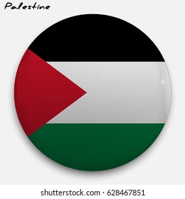 Round glossy Button with flag of Palestine with the reflection of light and shadow realistic. Icon of country.