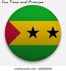 Round glossy Button with flag of São Tomé and Príncipe with the reflection of light and shadow realistic. Icon of country.