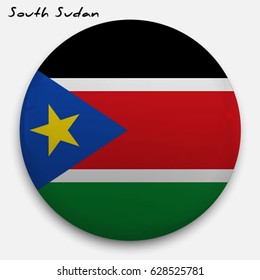 Round glossy Button with flag of South Sudan with the reflection of light and shadow realistic. Icon of country.